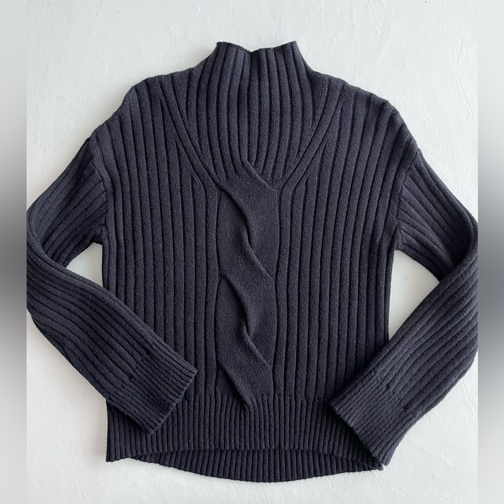 Black Mock neck ribbed sweater with cable detail at front